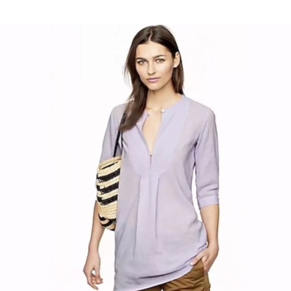 J Crew Shirt Small Cotton Lilac Bib Tunic In Gauze 3/4 Sleeve Lavender A7047
